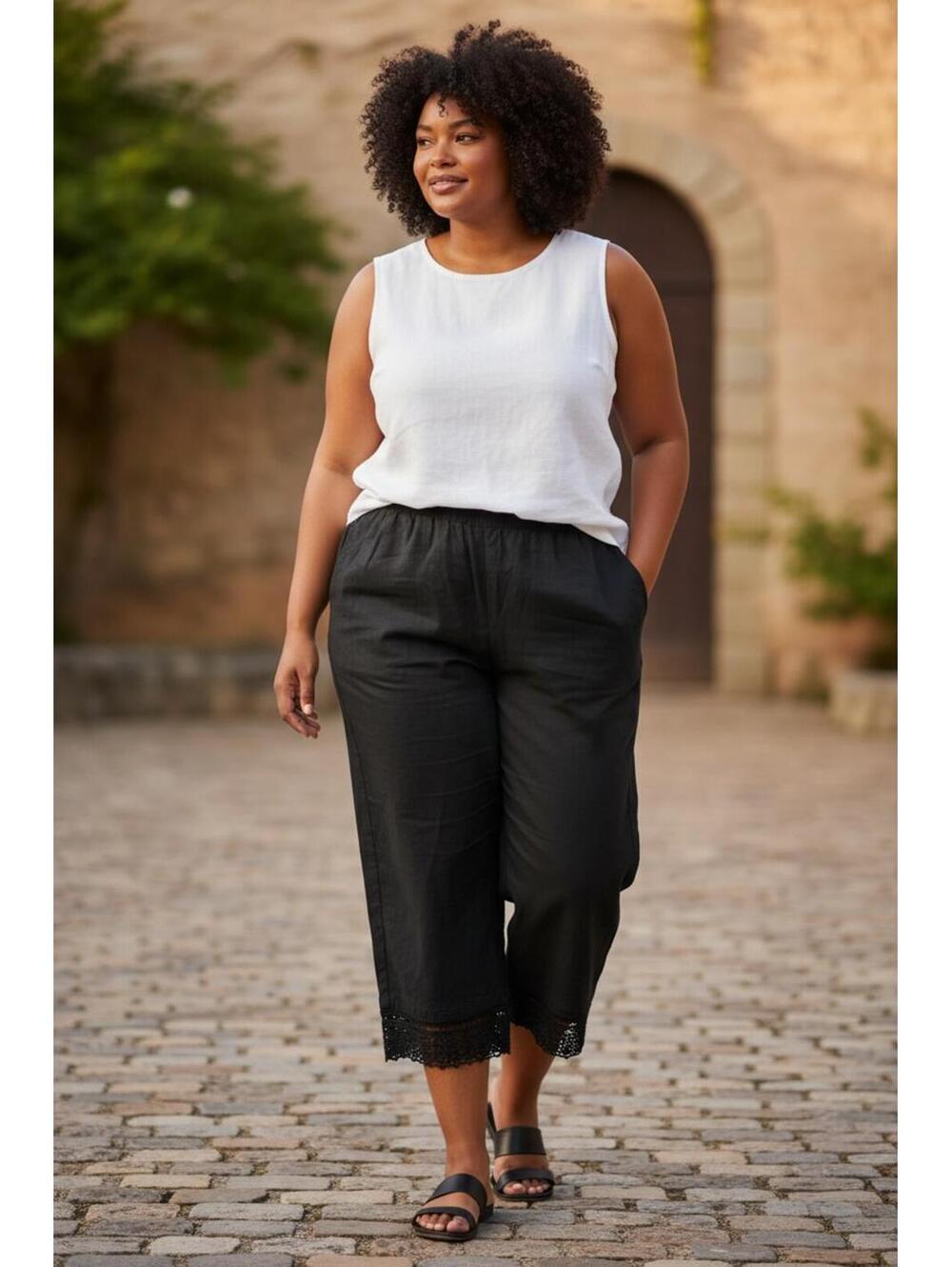 Jane Ashley Black Wide Leg‎ Cropped Pants with Crochet Hem SZ 2X